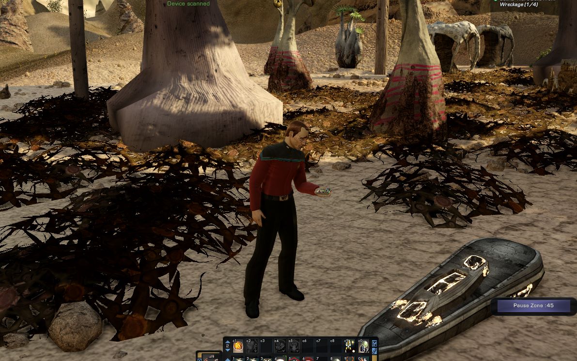 Screenshot of "Star Trek Online" game. A captain is using a tricorder on a planetside away mission.