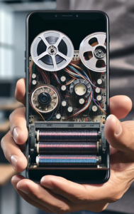 An AI generated image that shows an old fashioned supercomputer (the kind with tape reels, wires and transistors) inside a modern smartphone case
