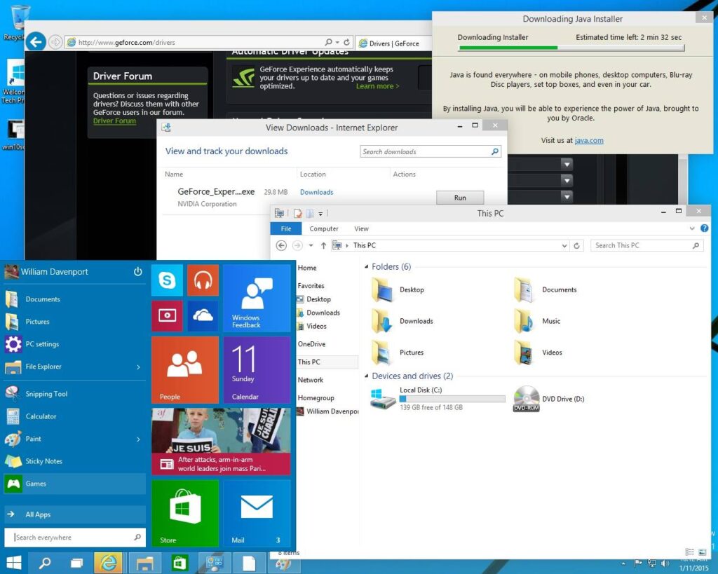 A screenshot of Windows showing the new Start Menu, File Explorer, a Java installer, and Microsoft Internet Explorer.