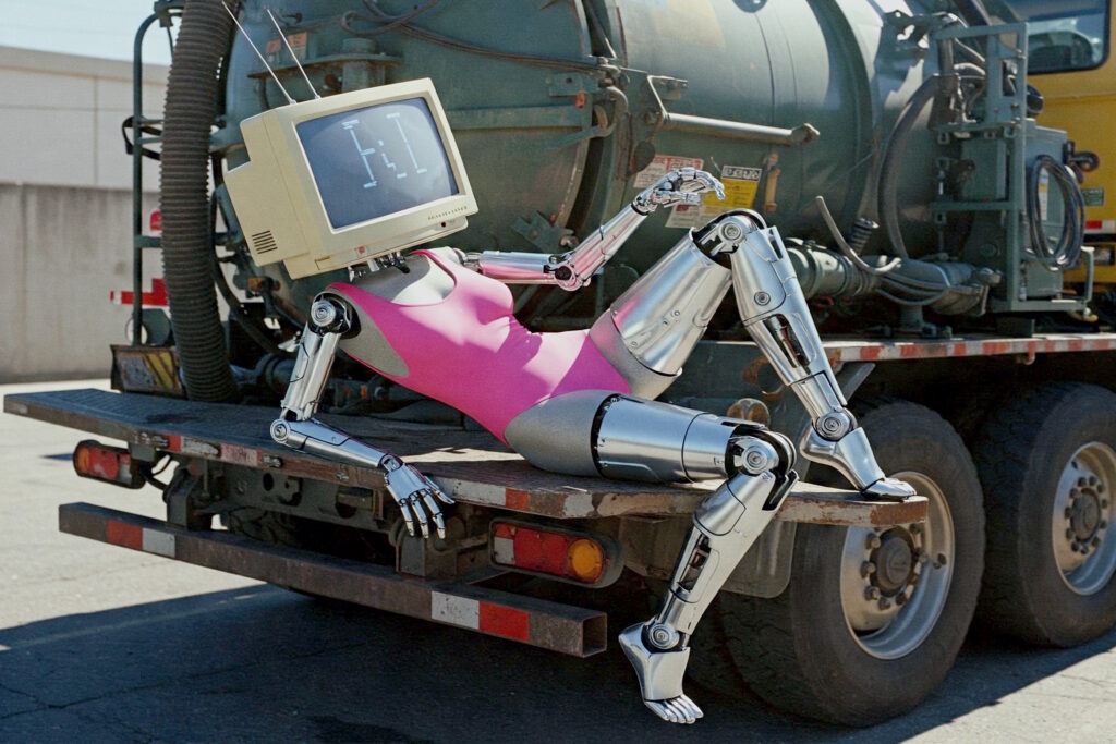 A "fembot" (with the head of a CRT monitor) laying across the bumper of an industrial vacuum pump truck.