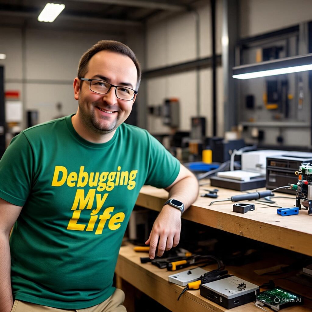 A middle-aged man is standing at a wooden workbench scattered with electronics repair tools and parts. He is wearing khaki pants and a green shirt that reads, "Debugging My Life".