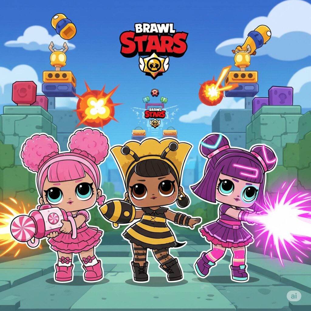 A cartoon image prominently featuring characters from the LOL Surprise franchise, shooting theme-accurate beam weapons, with the Brawl Stars logo visible at top center.