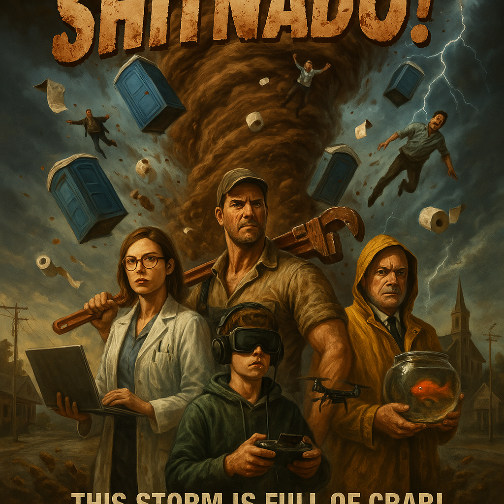 A dramatic and comedic movie poster for a fictional disaster film titled 'Shitnado!'. The scene shows a massive, swirling brown tornado made of sewage and debris tearing through a small Midwestern town. Flying through the air are porta-potties, toilet paper rolls, and terrified townspeople. In the foreground, a heroic team stands ready: a female scientist in a lab coat holding a laptop, a rugged plumber wielding a giant wrench, a teenage hacker with VR goggles and a drone controller, and a determined mayor in a raincoat holding a koi fish bowl. The sky is dark and stormy, with lightning illuminating the chaos. The title 'Shitnado!' is bold, messy, and splattered, with the tagline: 'This storm is full of crap!' at the bottom. The overall tone is a mix of action, comedy, and absurdity, similar to cult disaster films like Sharknado.