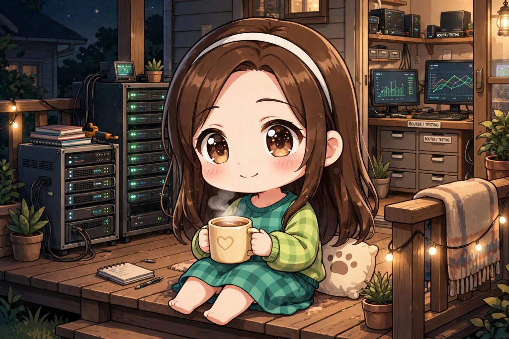 An AI image of a chibi brunette woman with a green plaid, sweater dress. She sips a cup of cocoa as she sits on a porch with servers and routers around her. Through the doorway in the background, a workbench is visible.